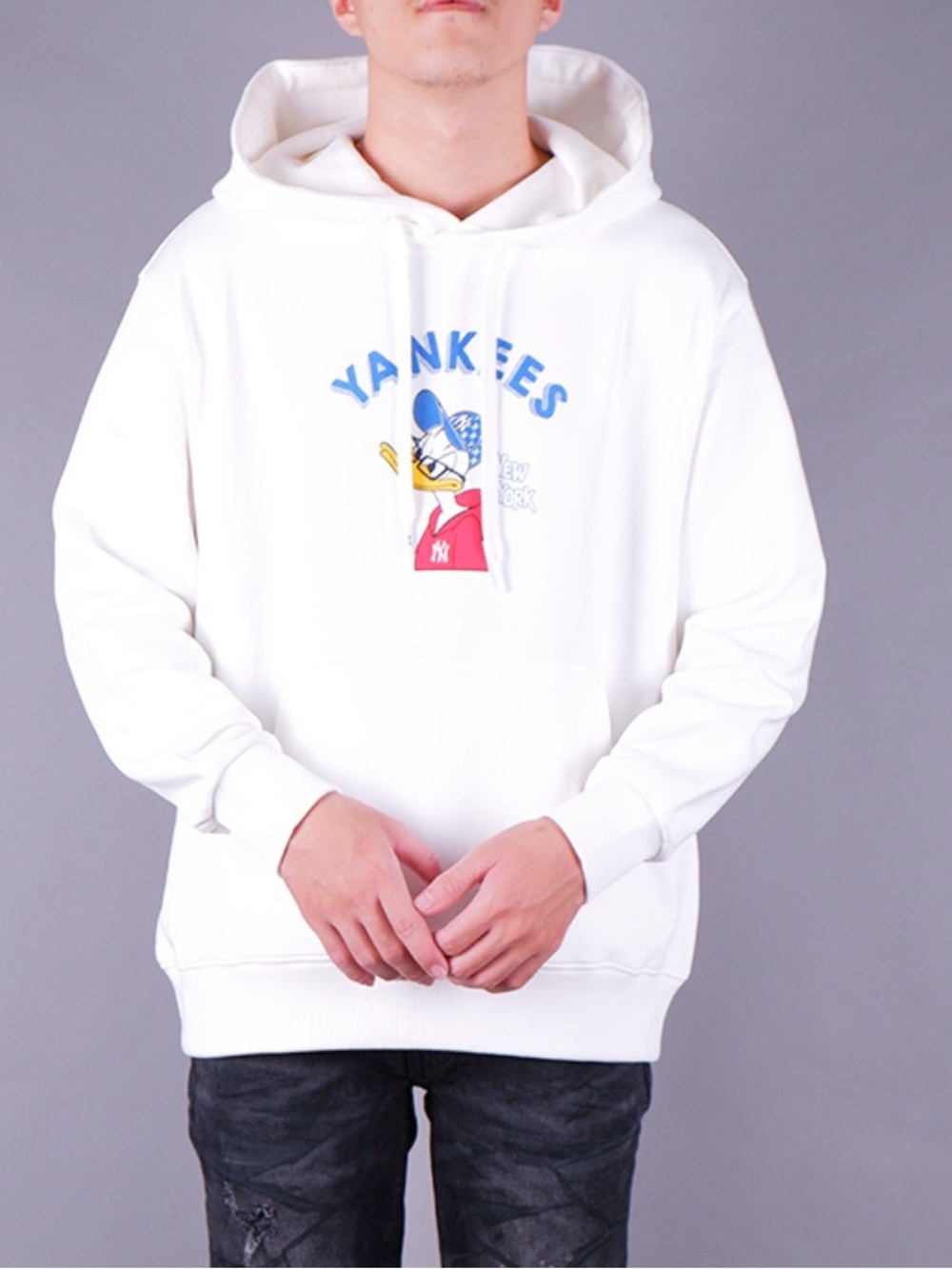 MLB Off White Yankees Graphic Hoodie with Donald Duck - Blue & Red Accents